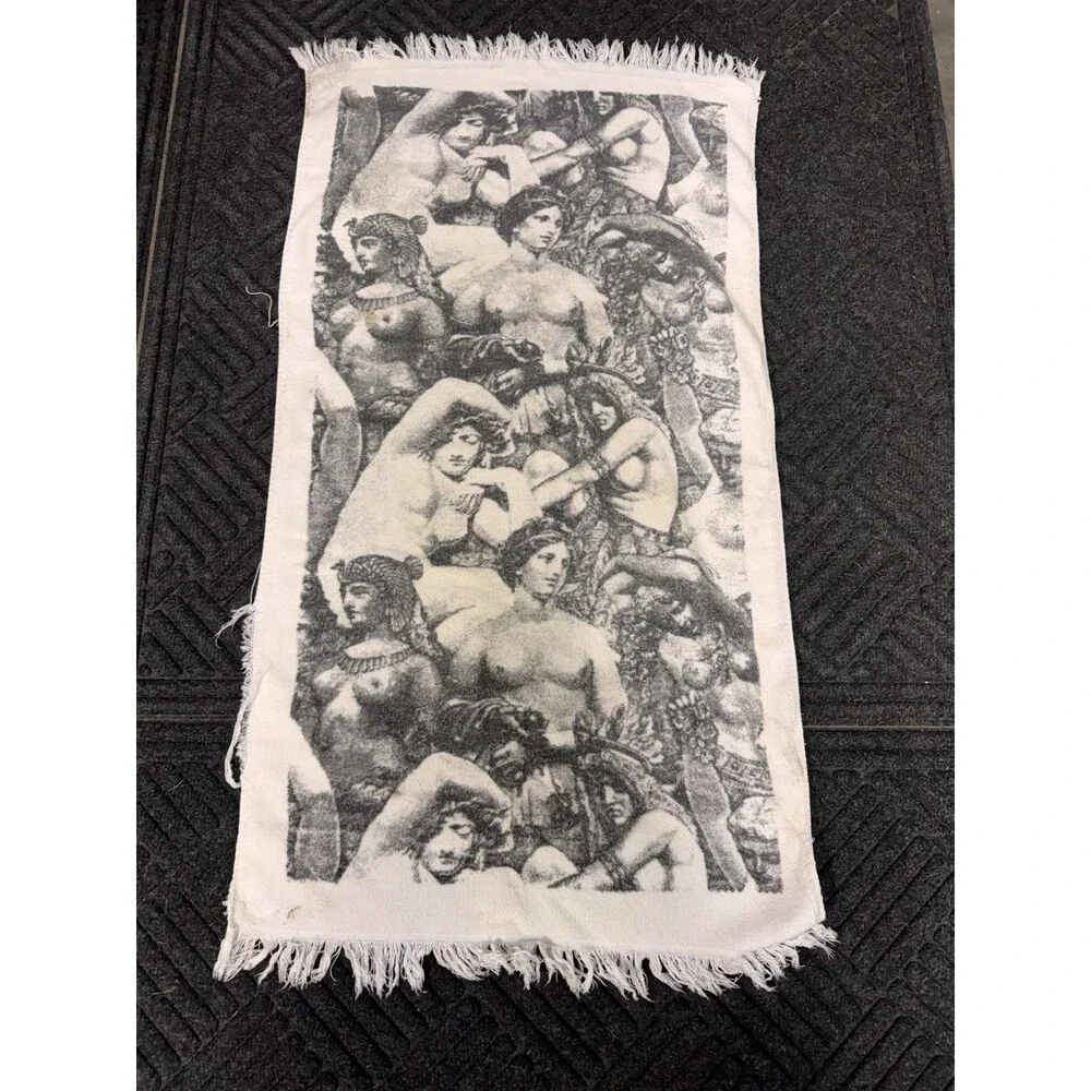 Vintage Cannon All Cotton Bath Towel Classical Nude Figures Fringe Ends STAINS